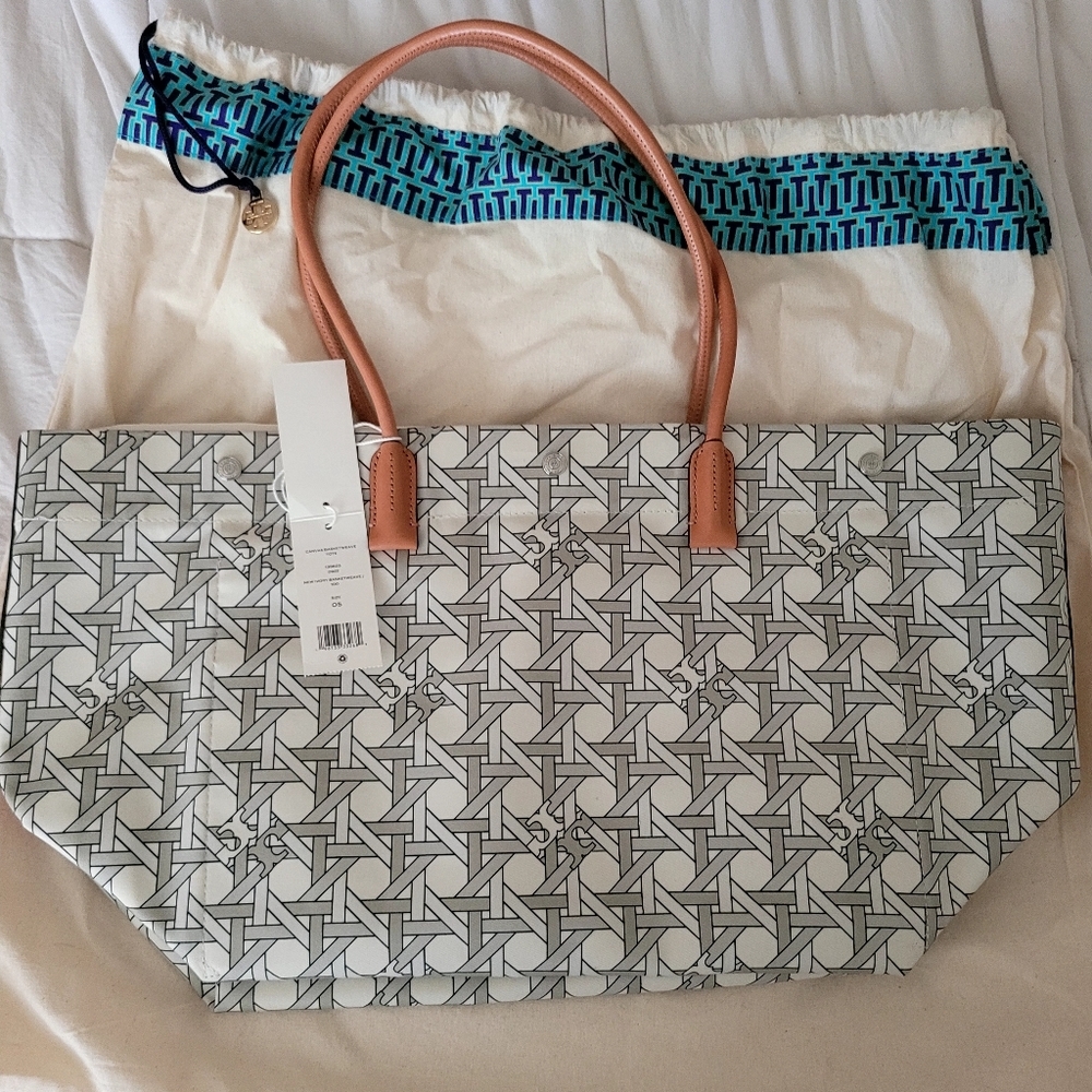 NWT Tory Burch Canvas Basketweave Tote Bag Ivory With Dust Bag